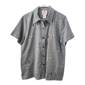 Quacker Factory Vintage Nautical Lighthouse Embroidered Gingham Shirt L Retro